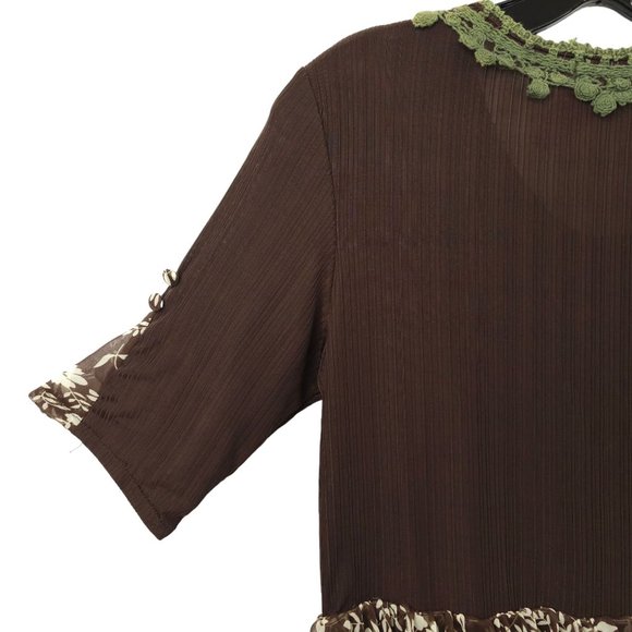 Pretty Angel Chocolate Floral Boho Tunic Top Womens L Crochet Trim Button Detail - Picture 14 of 15